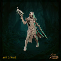 Sylth 04 — 35mm unpainted resin miniature by Great Grimoire, shown in a dynamic angled pose with crossbow raised high in one hand and long blade extended in the other, wearing a feather-scale mantle and deep hood with a smooth masked face, digital render against a dark forest background
