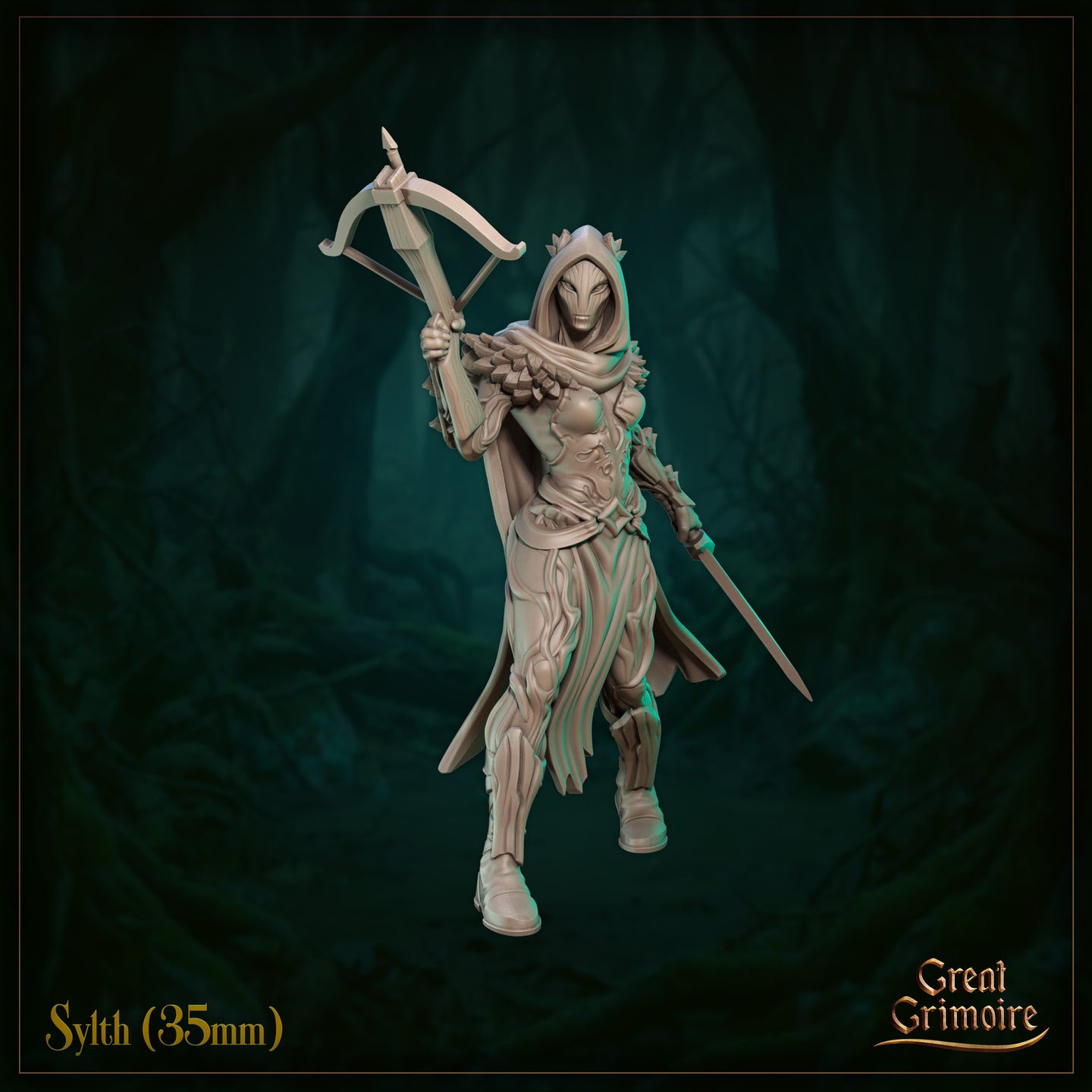 Sylth 04 — 35mm unpainted resin miniature by Great Grimoire, front-facing view showing the full sculpt detail of the organic vine-engraved breastplate, feather-scale collar, flowing hooded cloak, and dual-wielded crossbow and blade, digital render