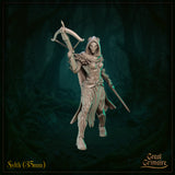 Sylth 04 — 35mm unpainted resin miniature by Great Grimoire, front-facing view showing the full sculpt detail of the organic vine-engraved breastplate, feather-scale collar, flowing hooded cloak, and dual-wielded crossbow and blade, digital render