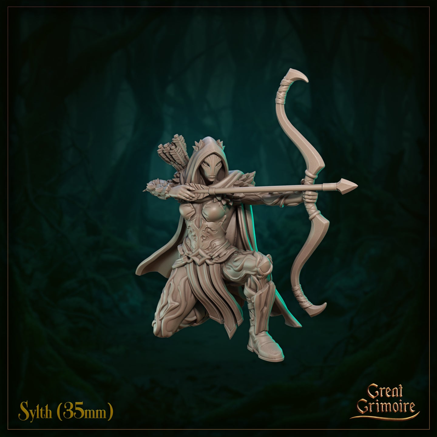 Front-facing render of Sylth 05 by Great Grimoire — an unfinished grey resin miniature of a hooded elven female archer in a kneeling pose, longbow drawn to full tension with an arrow nocked, wearing vine-detailed armour and a billowing cloak, with a full quiver on her back. Forest backdrop.