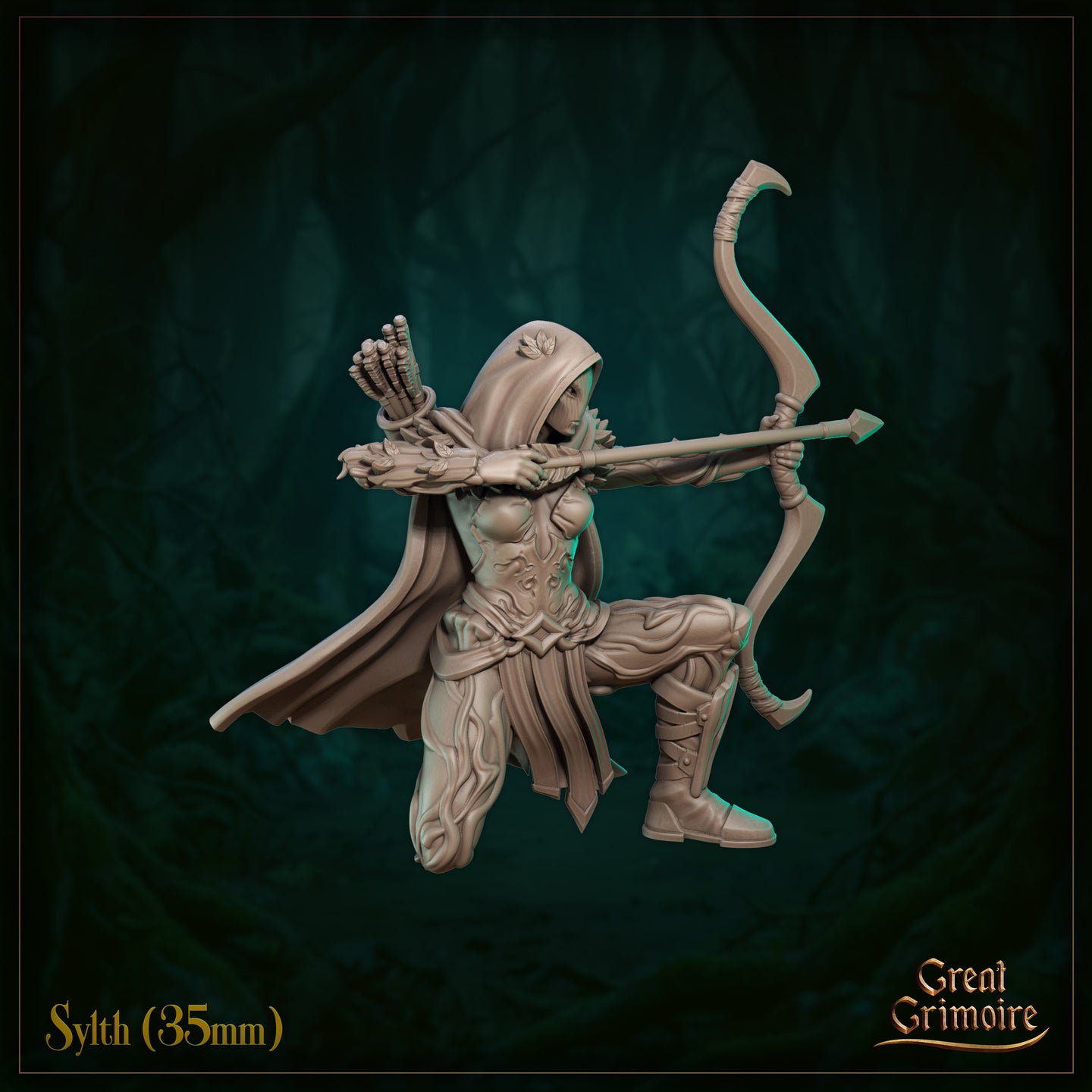 Three-quarter front render of Sylth 05 — unfinished grey resin miniature showing a hooded elven archer with leaf-decorated bracers and armour, kneeling with longbow fully drawn. Cloak sweeps behind her and a quiver of arrows is strapped across her back. 35mm scale sculpt by Great Grimoire.