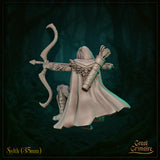 Rear view render of Sylth 05 — unfinished grey resin miniature showing the back of a kneeling elven archer mid-draw. Visible details include layered scale-like shoulder pauldrons, a broad billowing travel cloak, and a quiver of arrows bound to her arm. Longbow tips extend either side. Forest backdrop.