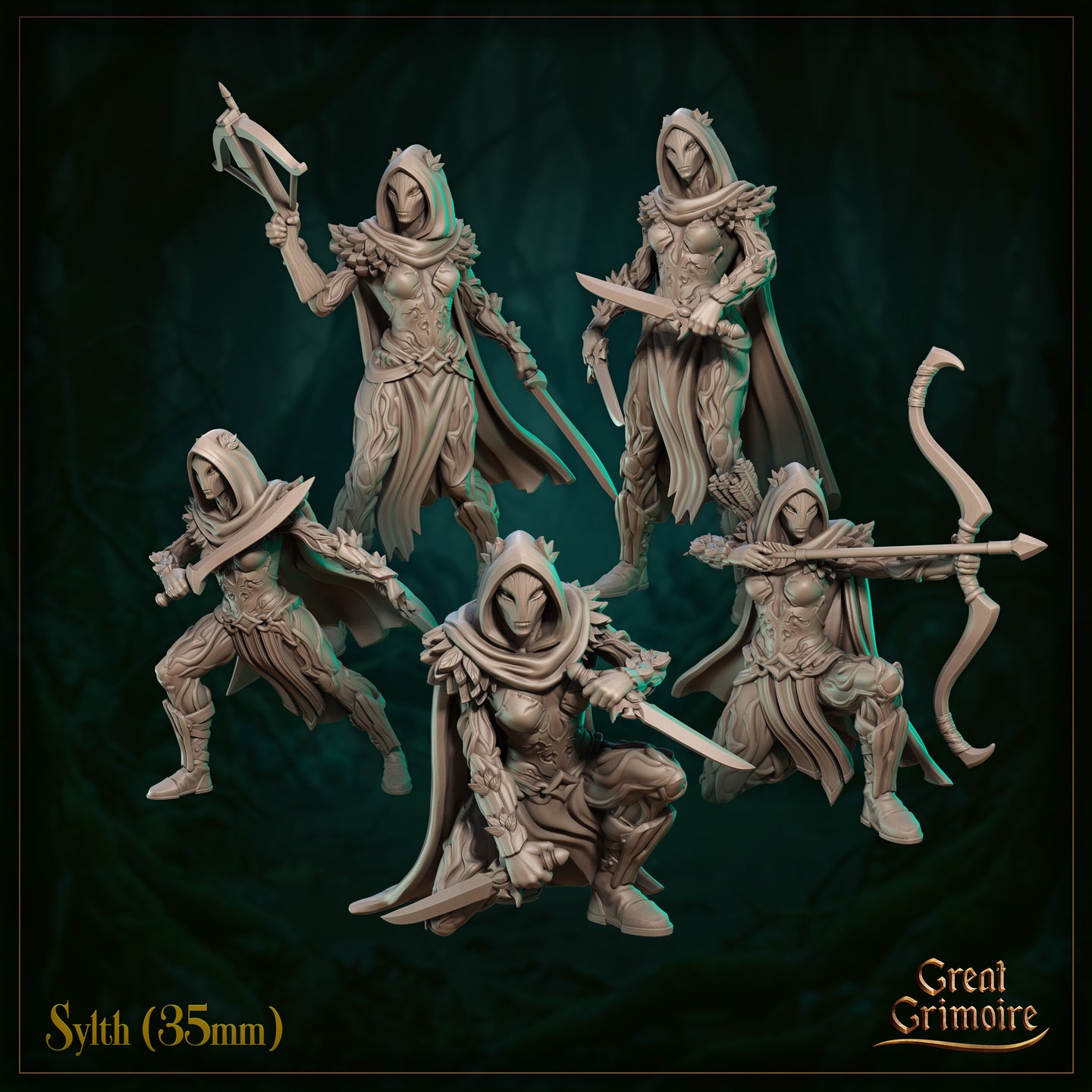 Five unpainted grey resin Sylth miniatures at 35mm scale by Great Grimoire — group shot showing all five variants including dual-sword fighter crouching, standing swordswoman, striding warrior, bow-wielding archer, and crossbow-raised figure, each wearing hooded organic leaf-plate armour