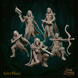 Five unpainted grey resin Sylth miniatures at 35mm scale by Great Grimoire — group shot showing all five variants including dual-sword fighter crouching, standing swordswoman, striding warrior, bow-wielding archer, and crossbow-raised figure, each wearing hooded organic leaf-plate armour