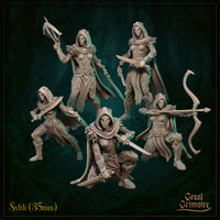 Five unpainted grey resin Sylth miniatures at 35mm scale by Great Grimoire — group shot showing all five variants including dual-sword fighter crouching, standing swordswoman, striding warrior, bow-wielding archer, and crossbow-raised figure, each wearing hooded organic leaf-plate armour