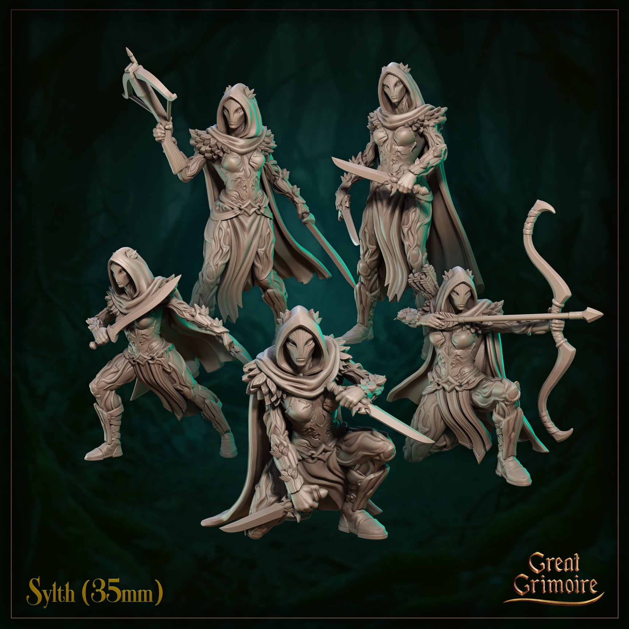 Five unpainted grey resin Sylth miniatures at 35mm scale by Great Grimoire — group shot showing all five variants including dual-sword fighter crouching, standing swordswoman, striding warrior, bow-wielding archer, and crossbow-raised figure, each wearing hooded organic leaf-plate armour