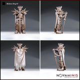 Skeleton King miniature shown from four angles — front, back, and both sides — revealing the sweeping cloak, spiked pauldrons, and riveted armour detail on all sides. Sculpt by Novaminis.