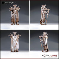 Skeleton King miniature shown from four angles — front, back, and both sides — revealing the sweeping cloak, spiked pauldrons, and riveted armour detail on all sides. Sculpt by Novaminis.