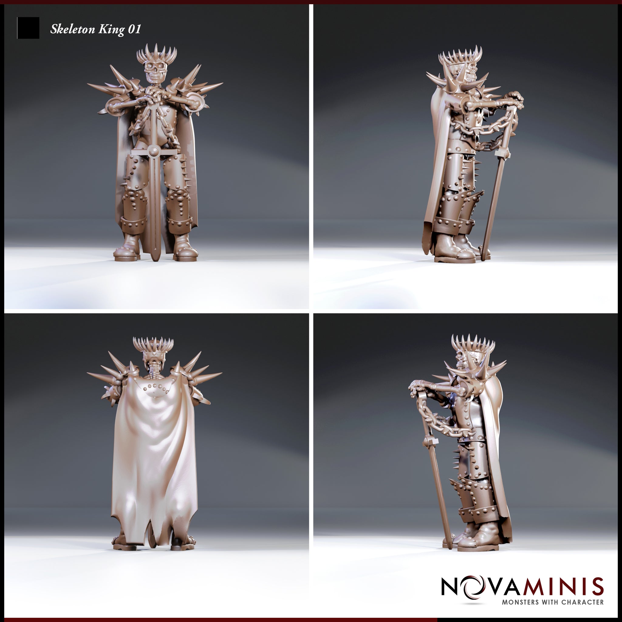 Skeleton King miniature shown from four angles — front, back, and both sides — revealing the sweeping cloak, spiked pauldrons, and riveted armour detail on all sides. Sculpt by Novaminis.
