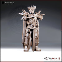 Skeleton King miniature standing upright in full spiked plate armour, a spiked mace resting across his shoulders and a broad sword at his side, wearing a jagged crown. Sculpt by Novaminis.