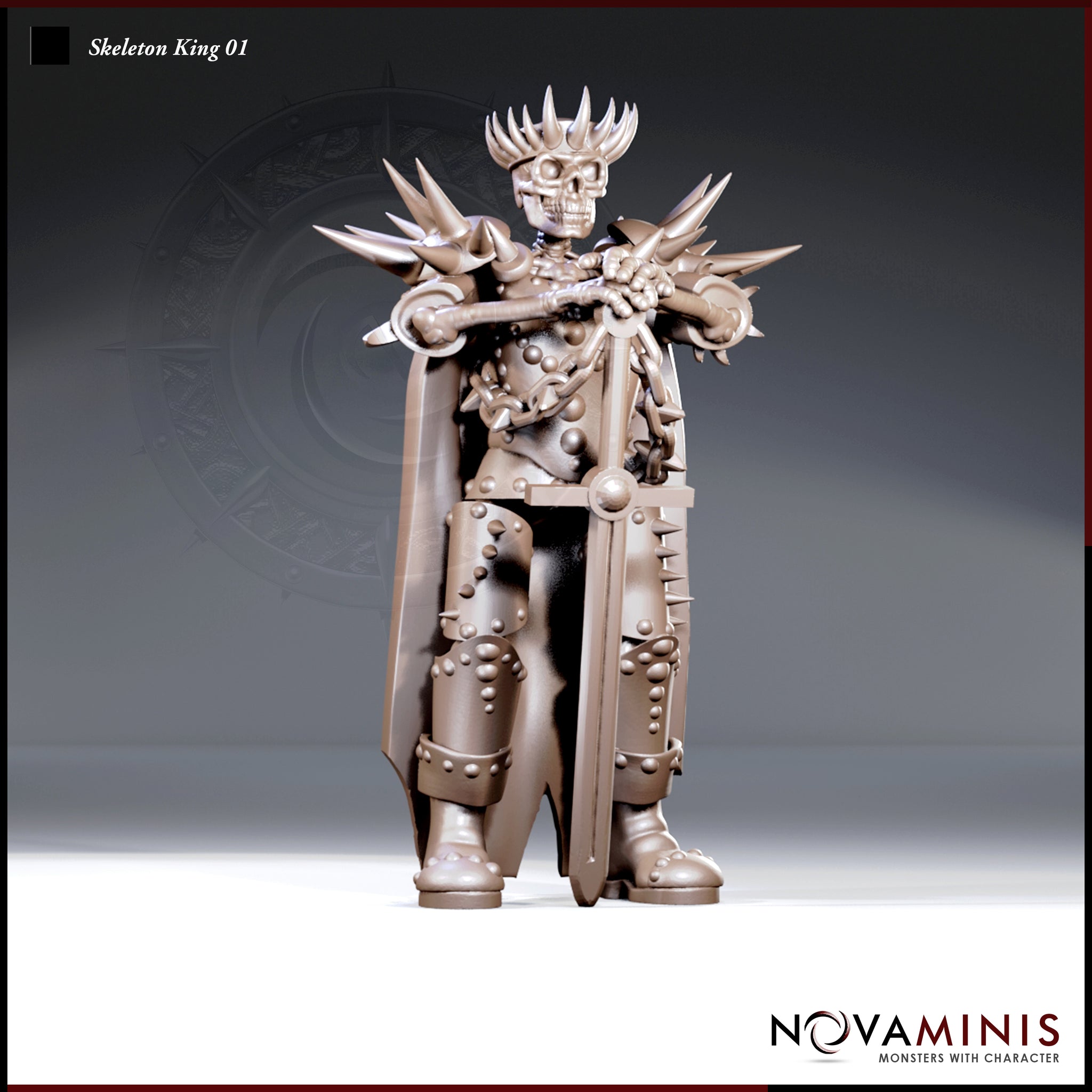 Skeleton King miniature standing upright in full spiked plate armour, a spiked mace resting across his shoulders and a broad sword at his side, wearing a jagged crown. Sculpt by Novaminis.
