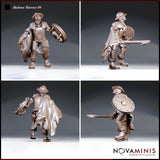 Armoured skeleton warrior shown from four angles — chest raised, shield arm extended, cape swept back, and sword levelled forward in a low guard stance. Studded plate, brimmed helm, and exposed skeletal knuckles visible throughout. Sculpt by Novaminis.