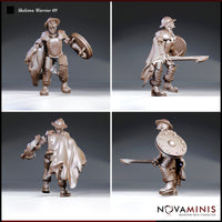 Armoured skeleton warrior shown from four angles — chest raised, shield arm extended, cape swept back, and sword levelled forward in a low guard stance. Studded plate, brimmed helm, and exposed skeletal knuckles visible throughout. Sculpt by Novaminis.