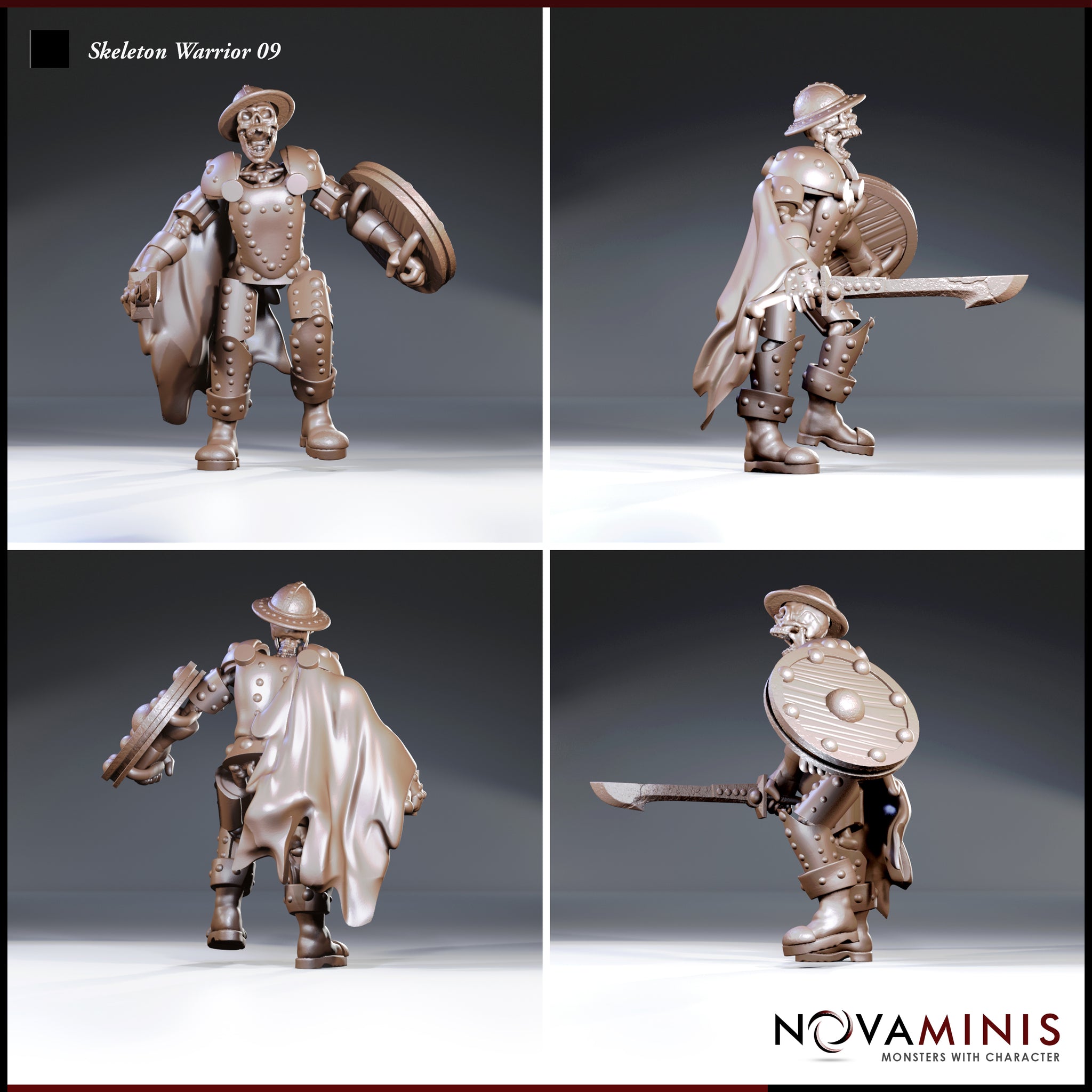 Armoured skeleton warrior shown from four angles — chest raised, shield arm extended, cape swept back, and sword levelled forward in a low guard stance. Studded plate, brimmed helm, and exposed skeletal knuckles visible throughout. Sculpt by Novaminis.
