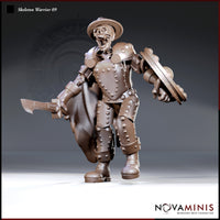 Armoured skeleton warrior standing upright, raising a battered round shield in the right hand and a broad-bladed axe in the left, wearing riveted studded plate, a brimmed helm, and a billowing cape. Screaming skull jaw open wide. Sculpt by Novaminis.