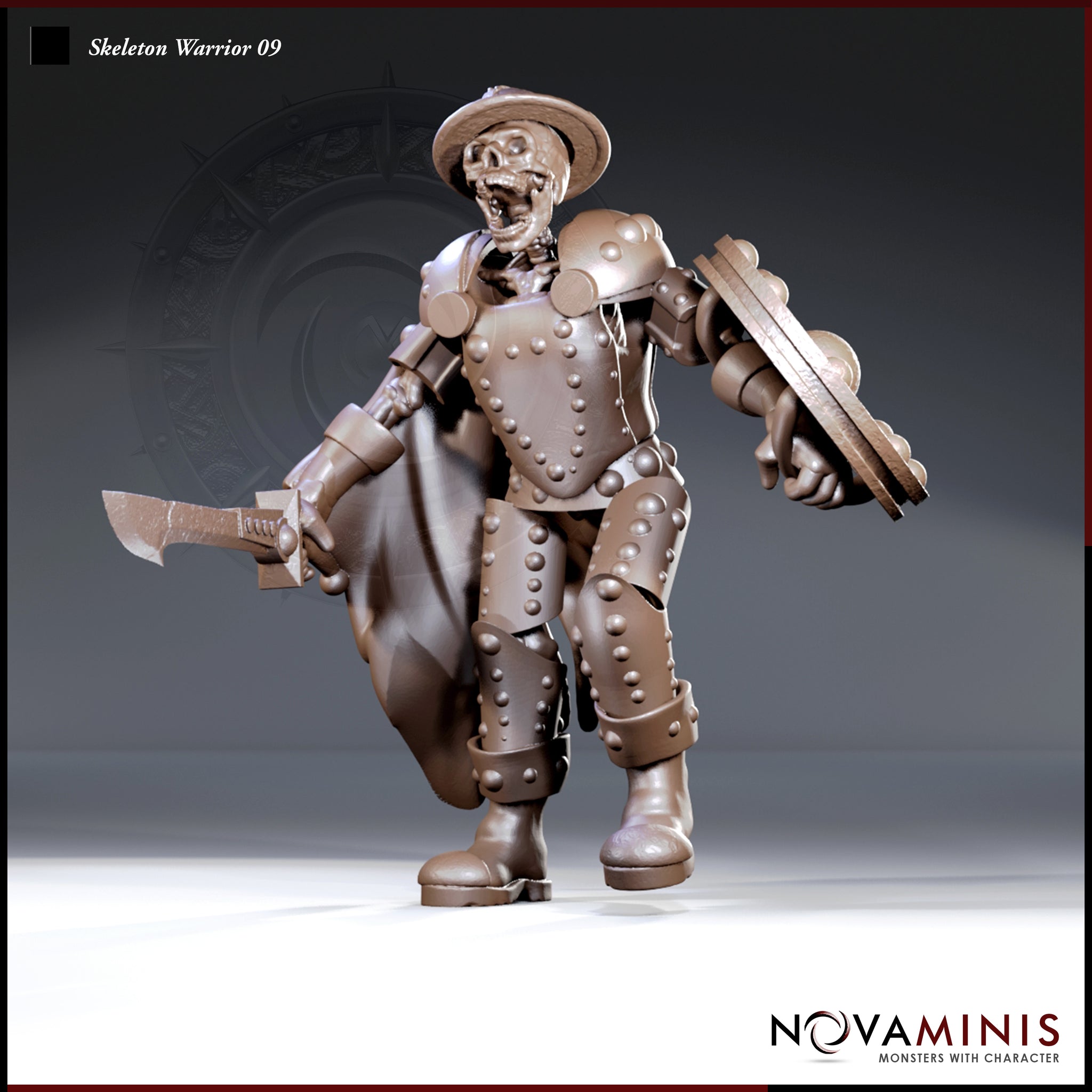 Armoured skeleton warrior standing upright, raising a battered round shield in the right hand and a broad-bladed axe in the left, wearing riveted studded plate, a brimmed helm, and a billowing cape. Screaming skull jaw open wide. Sculpt by Novaminis.