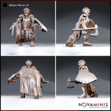 Skeleton warrior in studded armour and billowing cape shown from four angles: grinning skull visible beneath close helm, hand axe raised, broad shield extended, cross-laced back panel and articulated arm guards clearly visible. Sculpt by Novaminis.