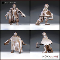 Skeleton warrior in studded armour and billowing cape shown from four angles: grinning skull visible beneath close helm, hand axe raised, broad shield extended, cross-laced back panel and articulated arm guards clearly visible. Sculpt by Novaminis.