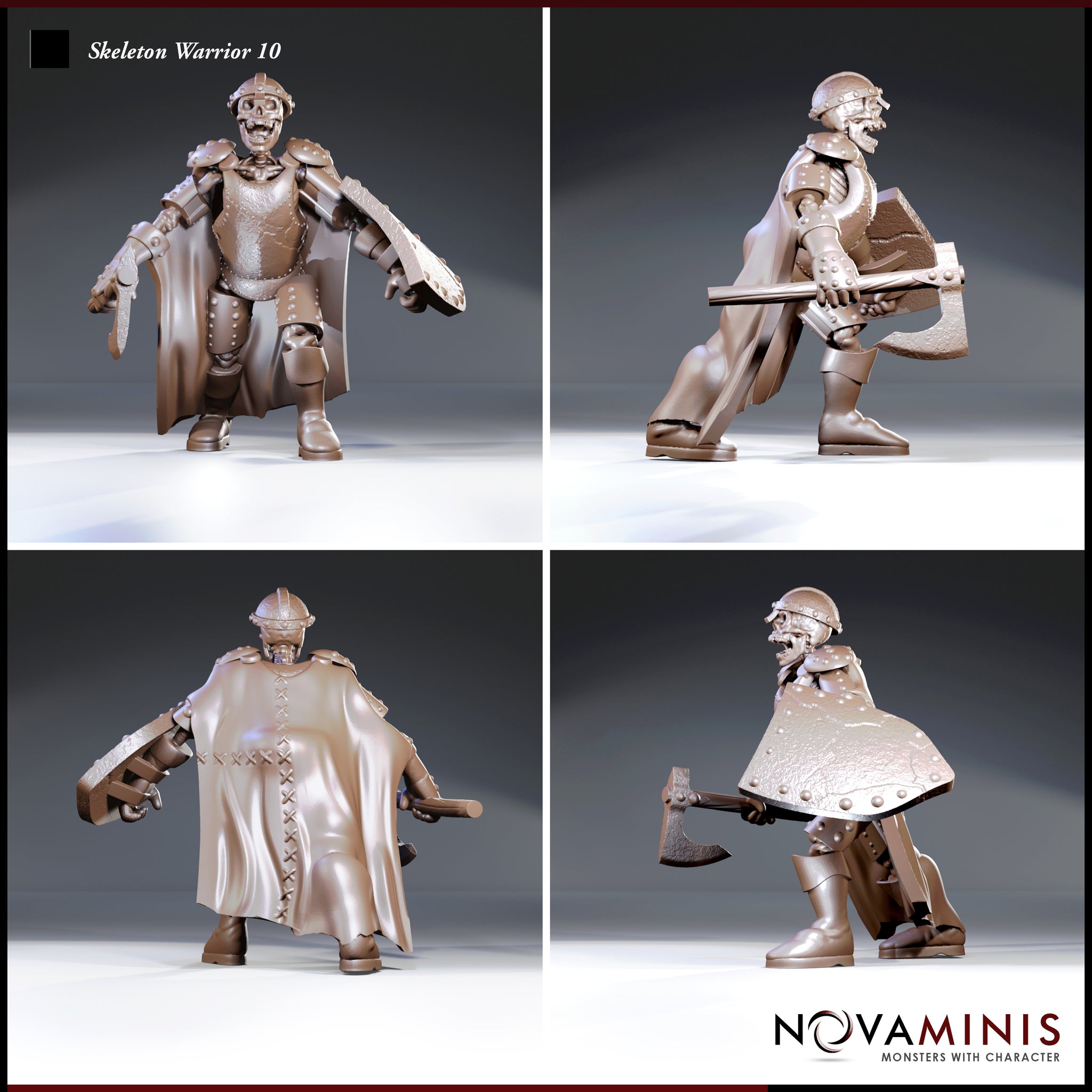 Skeleton warrior in studded armour and billowing cape shown from four angles: grinning skull visible beneath close helm, hand axe raised, broad shield extended, cross-laced back panel and articulated arm guards clearly visible. Sculpt by Novaminis.