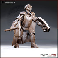 Armoured skeleton warrior in wide battle stance, wearing studded leather armour, pauldrons, and a close helm, holding a hand axe in one hand and a boss-studded shield in the other, cape draped behind. Sculpt by Novaminis.