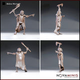 Skeleton warrior in a nasal helmet and lamellar armour viewed from four angles, showing a raised war axe, outstretched pointing hand, exposed ribcage, and tattered cape. Sculpt by Novaminis.