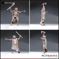 Skeleton warrior in a nasal helmet and lamellar armour viewed from four angles, showing a raised war axe, outstretched pointing hand, exposed ribcage, and tattered cape. Sculpt by Novaminis.