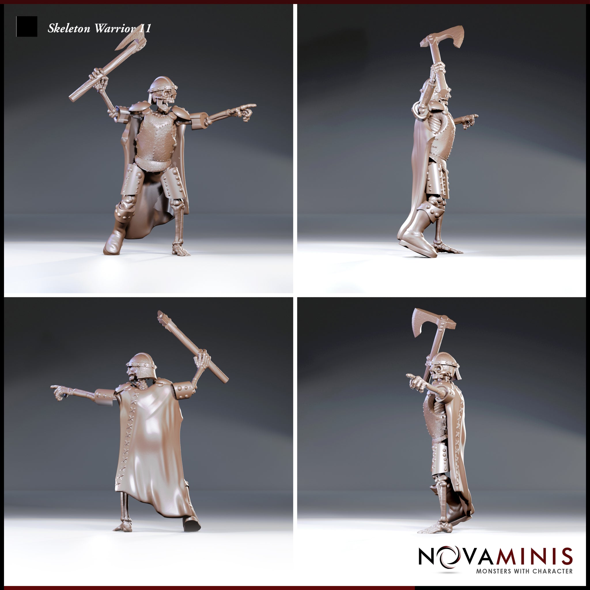 Skeleton warrior in a nasal helmet and lamellar armour viewed from four angles, showing a raised war axe, outstretched pointing hand, exposed ribcage, and tattered cape. Sculpt by Novaminis.