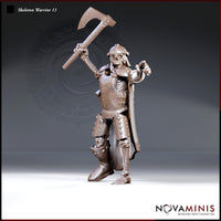 Armoured skeleton warrior raising a broad-headed war axe overhead, one bony finger pointing forward, wearing a nasal helmet, riveted plate armour, and a flowing cape. Sculpt by Novaminis.