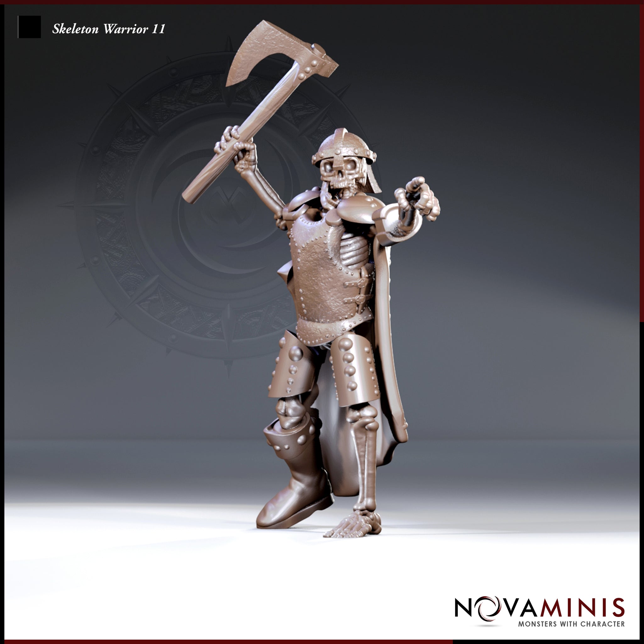 Armoured skeleton warrior raising a broad-headed war axe overhead, one bony finger pointing forward, wearing a nasal helmet, riveted plate armour, and a flowing cape. Sculpt by Novaminis.