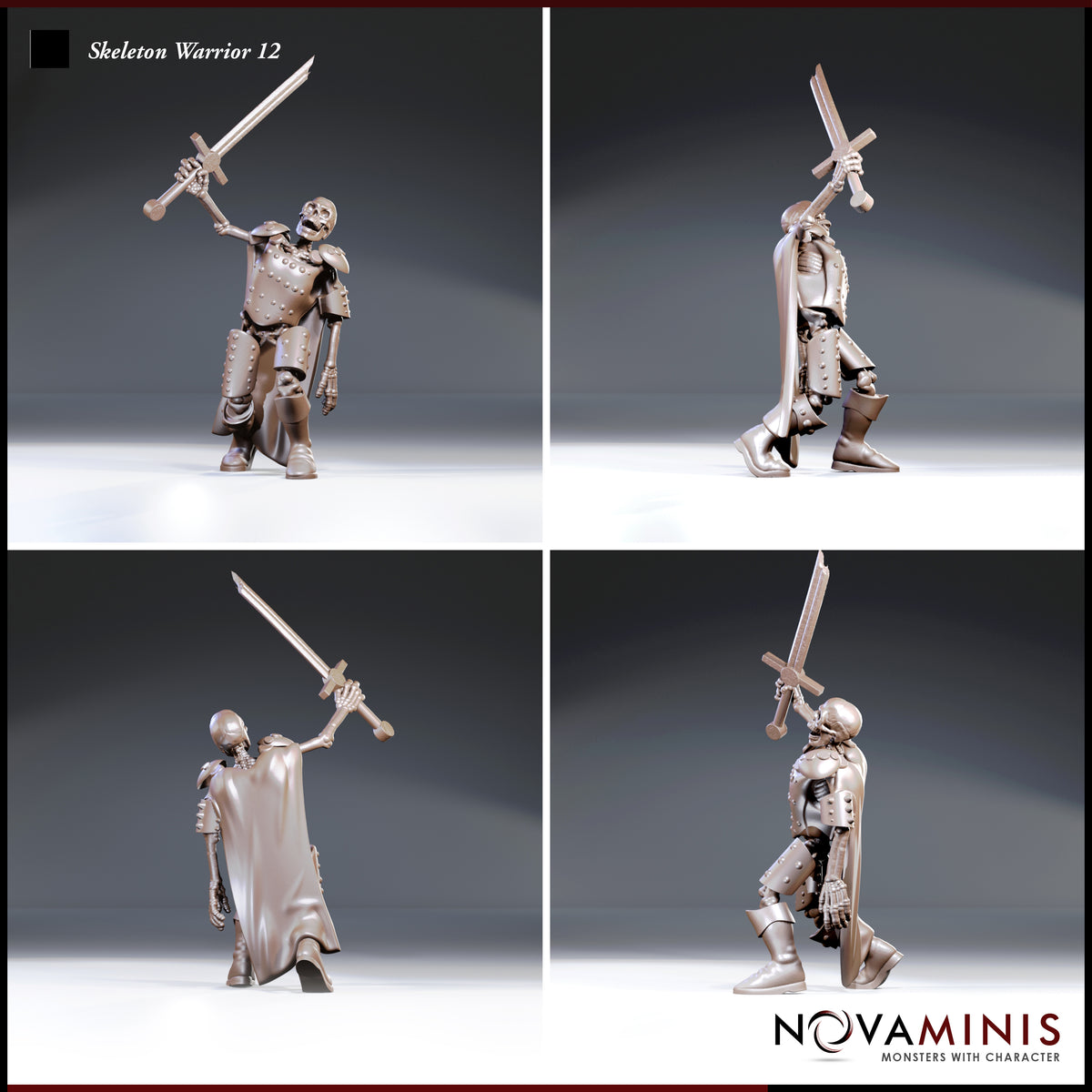 Skeleton warrior in riveted breastplate and segmented armour, cape swept back, thrusting a longsword upward — shown from four angles revealing front, sides, and rear detail. Sculpt by Novaminis.