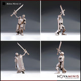 Skeleton warrior in riveted breastplate and segmented armour, cape swept back, thrusting a longsword upward — shown from four angles revealing front, sides, and rear detail. Sculpt by Novaminis.