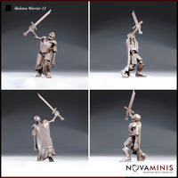 Skeleton warrior in riveted breastplate and segmented armour, cape swept back, thrusting a longsword upward — shown from four angles revealing front, sides, and rear detail. Sculpt by Novaminis.