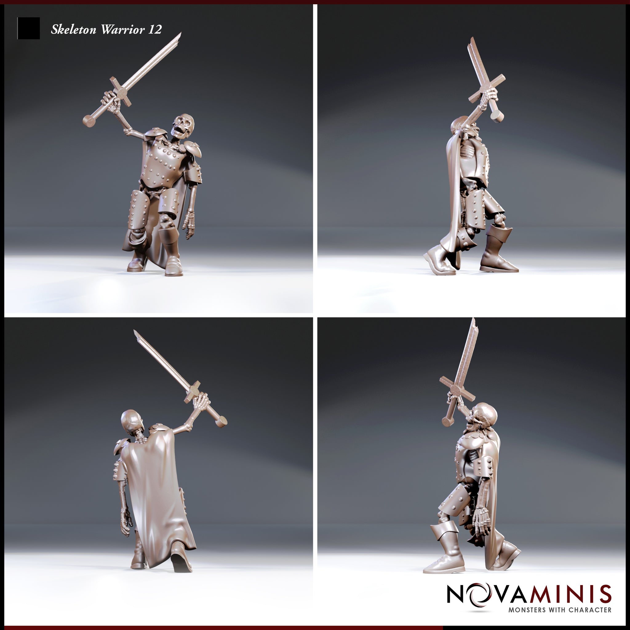 Skeleton warrior in riveted breastplate and segmented armour, cape swept back, thrusting a longsword upward — shown from four angles revealing front, sides, and rear detail. Sculpt by Novaminis.