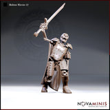Skeleton in riveted plate armour and flowing cape, raising a longsword high overhead with jaw open wide, standing on a plain round base. Sculpt by Novaminis.