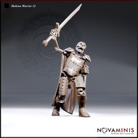 Skeleton in riveted plate armour and flowing cape, raising a longsword high overhead with jaw open wide, standing on a plain round base. Sculpt by Novaminis.