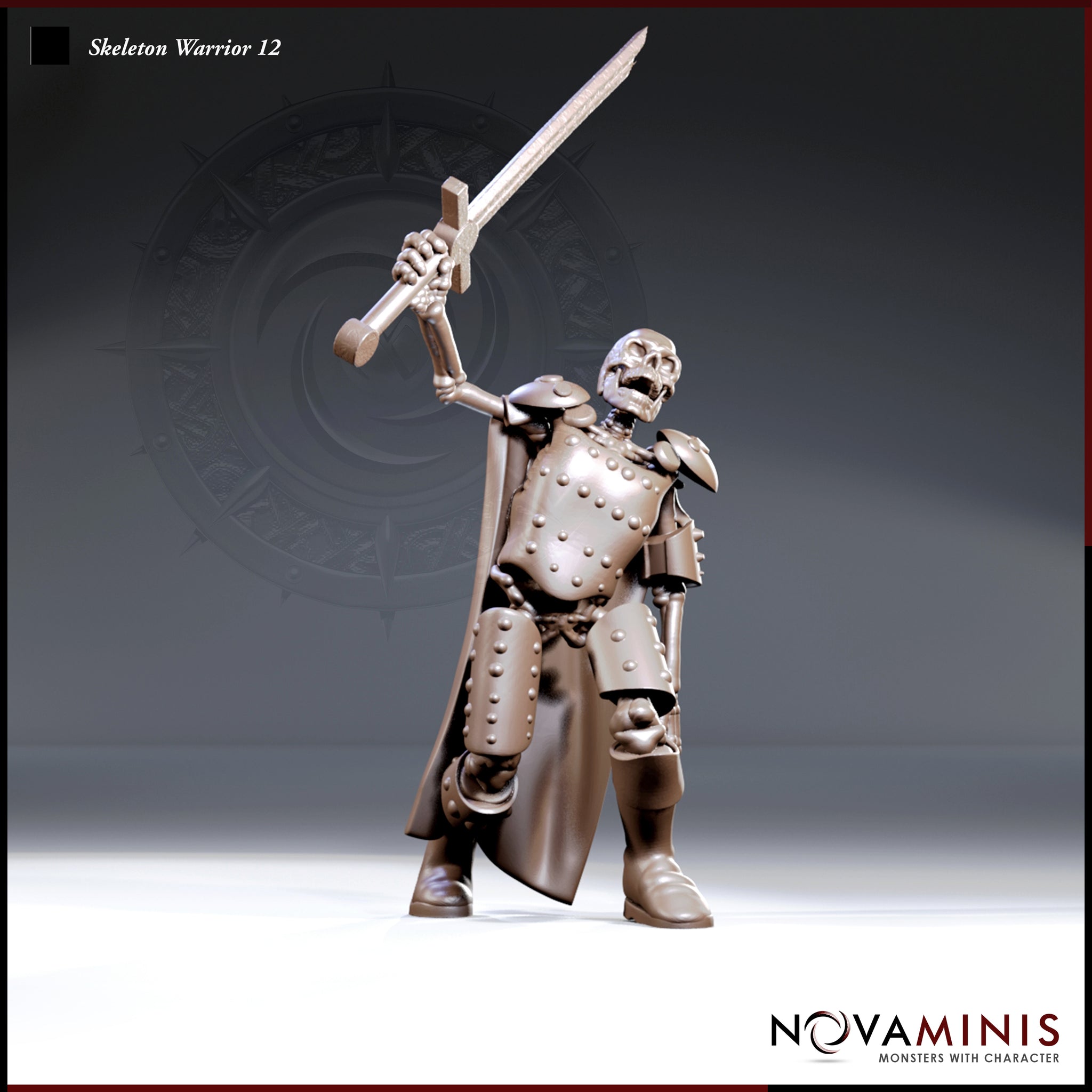 Skeleton in riveted plate armour and flowing cape, raising a longsword high overhead with jaw open wide, standing on a plain round base. Sculpt by Novaminis.