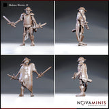 Skeleton warrior shown from multiple angles: dual blades raised, cross-laced cloak visible from the rear, studded tassets and a small padlock hanging at the waist. Sculpt by Novaminis.