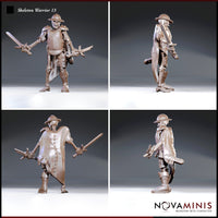 Skeleton warrior shown from multiple angles: dual blades raised, cross-laced cloak visible from the rear, studded tassets and a small padlock hanging at the waist. Sculpt by Novaminis.