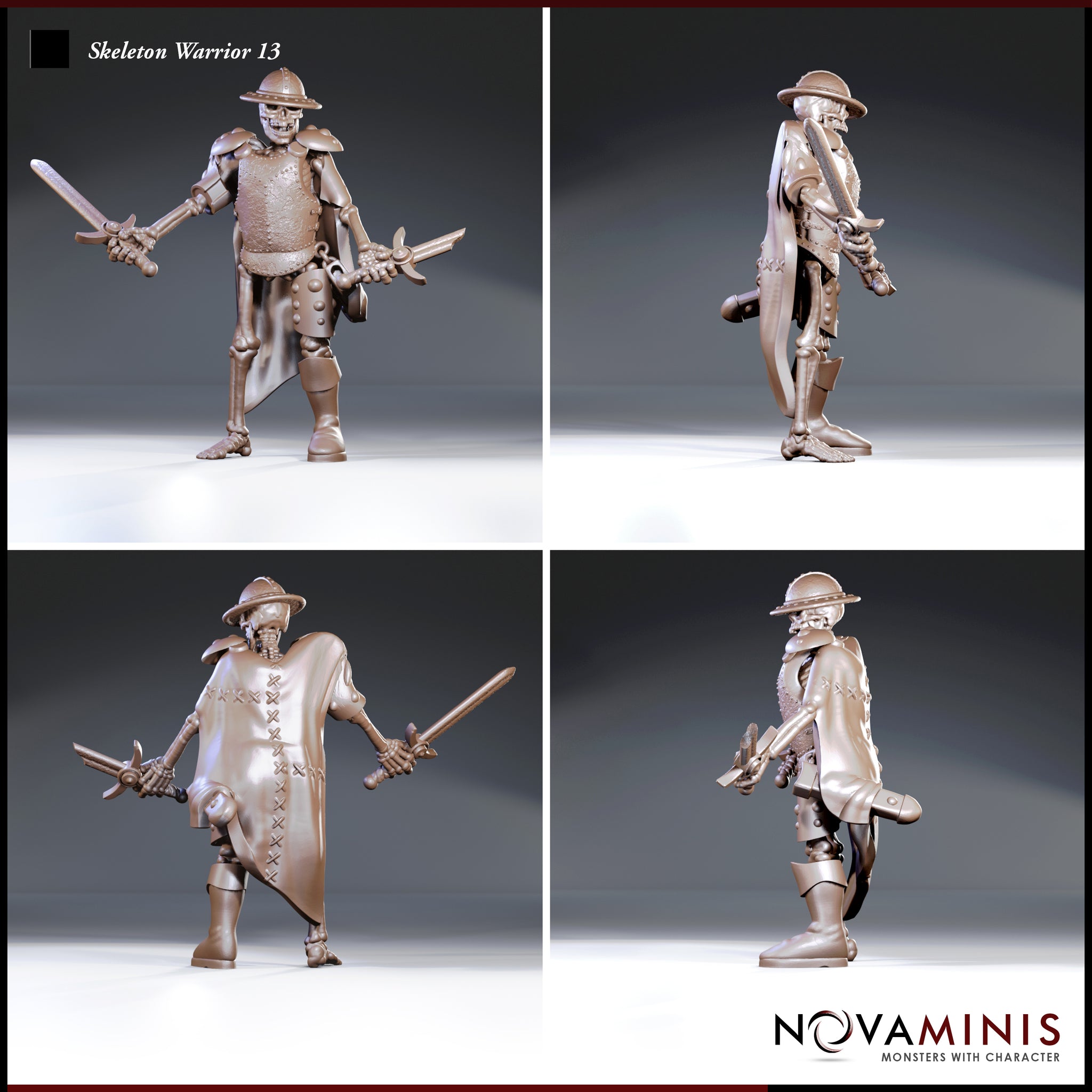 Skeleton warrior shown from multiple angles: dual blades raised, cross-laced cloak visible from the rear, studded tassets and a small padlock hanging at the waist. Sculpt by Novaminis.