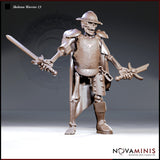 Skeleton warrior in riveted breastplate and kettle helm, arms spread wide holding a longsword and short sword, cloak draping behind, one booted foot and one bare bony foot. Sculpt by Novaminis.