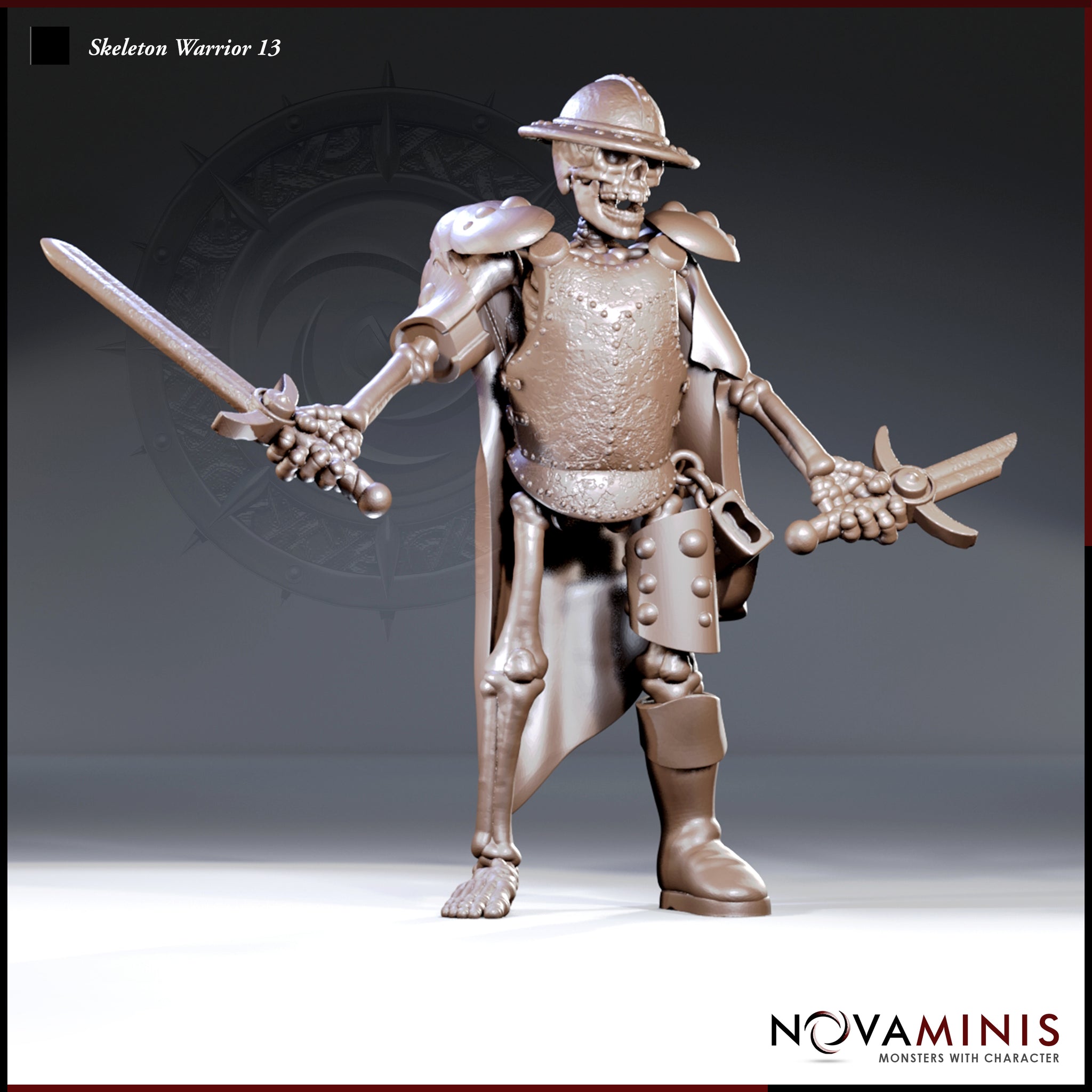 Skeleton warrior in riveted breastplate and kettle helm, arms spread wide holding a longsword and short sword, cloak draping behind, one booted foot and one bare bony foot. Sculpt by Novaminis.
