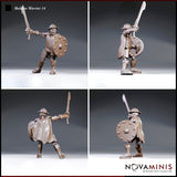 Skeleton warrior in riveted armour and brimmed helmet viewed from multiple angles, showing tattered cloak, round shield detail, and broadsword raised mid-swing. Sculpt by Novaminis.