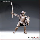 Skeleton warrior in riveted breastplate and brimmed helmet, sword raised overhead, round studded shield held at the side, booted legs wide in a charging stance. Sculpt by Novaminis.