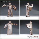 Skeleton warrior in studded breastplate, pauldrons, and leg armour viewed from multiple angles — cloak visible from behind, round shield detail prominent on left arm, battle-axe angled back. Sculpt by Novaminis.