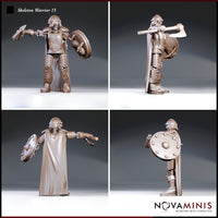 Skeleton warrior in studded breastplate, pauldrons, and leg armour viewed from multiple angles — cloak visible from behind, round shield detail prominent on left arm, battle-axe angled back. Sculpt by Novaminis.