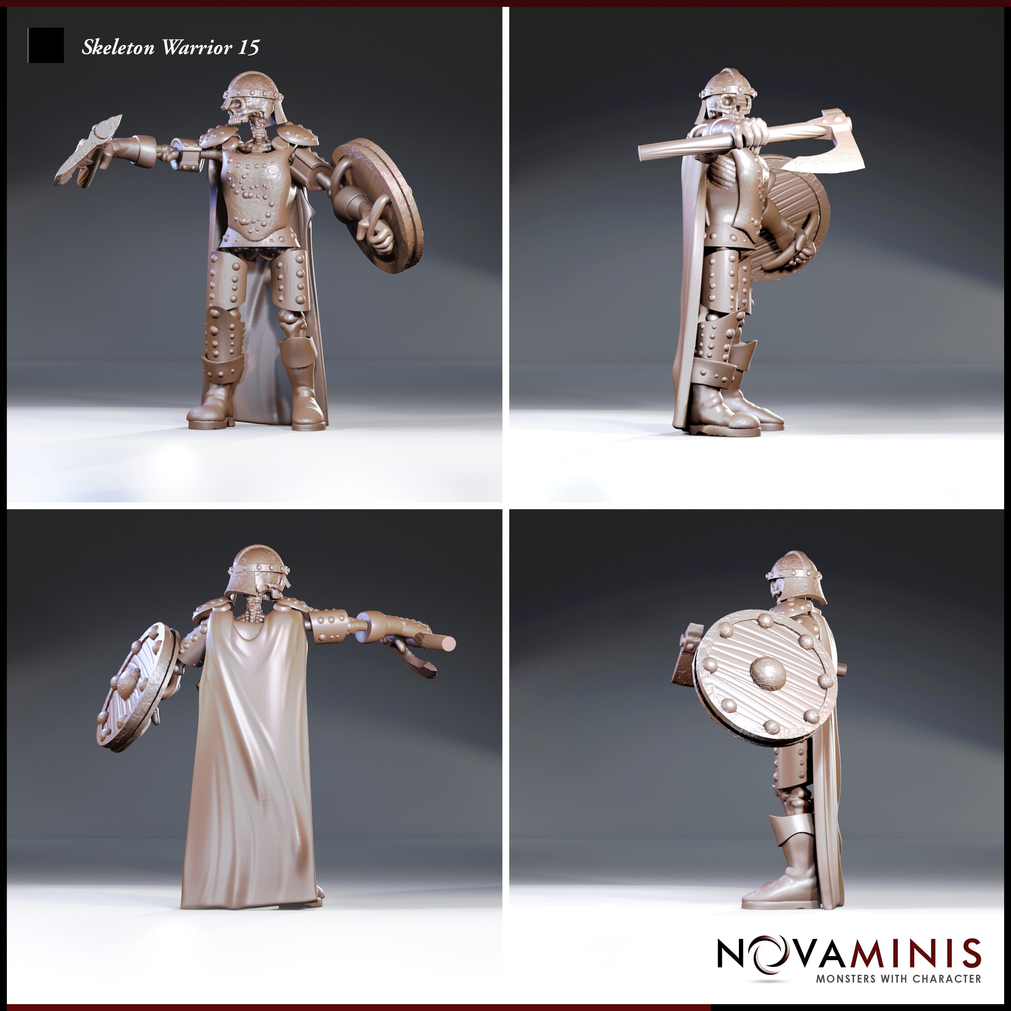 Skeleton warrior in studded breastplate, pauldrons, and leg armour viewed from multiple angles — cloak visible from behind, round shield detail prominent on left arm, battle-axe angled back. Sculpt by Novaminis.