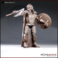 Skeleton warrior in full riveted armour holding a large battle-axe raised over the right shoulder and gripping a round shield, wearing a close-fitted skull helm and a long flowing cloak. Sculpt by Novaminis.