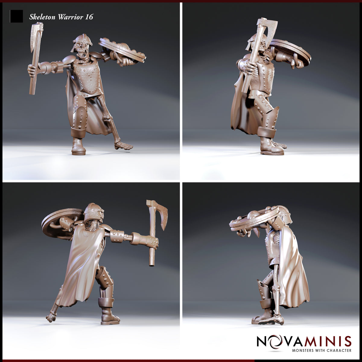 Skeleton warrior in riveted breastplate and knee guards, viewed from multiple angles showing the war axe mid-swing and battered round shield with decorative boss studs. Billowing cloak and bare skeletal feet visible. Sculpt by Novaminis.