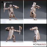 Skeleton warrior in riveted breastplate and knee guards, viewed from multiple angles showing the war axe mid-swing and battered round shield with decorative boss studs. Billowing cloak and bare skeletal feet visible. Sculpt by Novaminis.