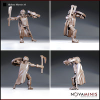Skeleton warrior in riveted breastplate and knee guards, viewed from multiple angles showing the war axe mid-swing and battered round shield with decorative boss studs. Billowing cloak and bare skeletal feet visible. Sculpt by Novaminis.